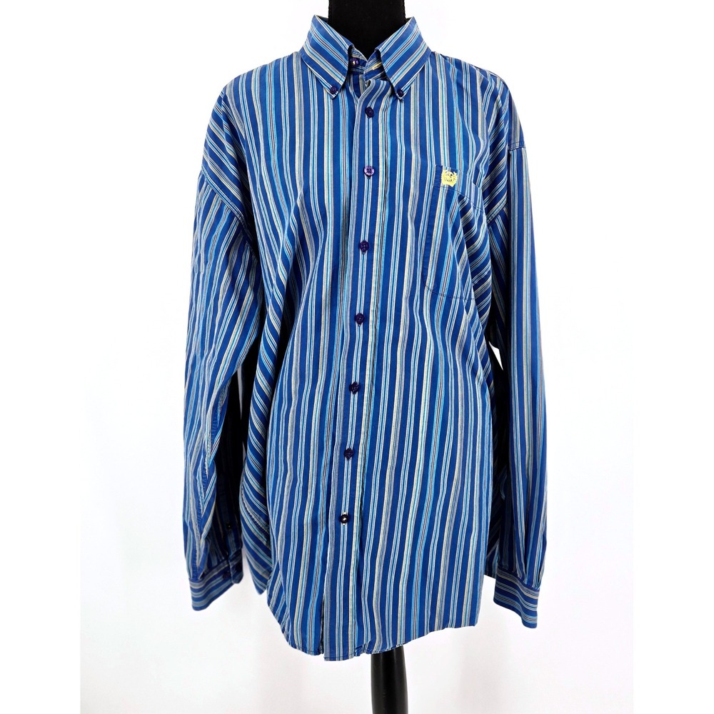 Cinch Striped Western Button Down Shirt Blue Yellow Gold Logo Cotton Mens XL EUC